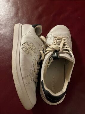 Tory Burch Cream Leather Logo Sneakers with Black Heel Tab, size 9 woman